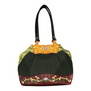 OOVOO Women's Embroidered Floral Satin Handbag Purse Black